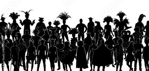 Silhouette of festival crowd in elaborate costumes and headdresses