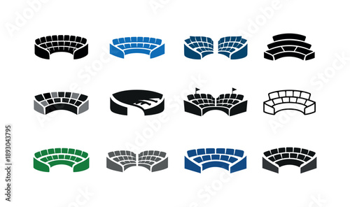 Stadium Seat Icons. stadium seats. Icon set. Set Logo of stadium seats: curved grandstand section. harmonious logo variations of the same emblematic concept,