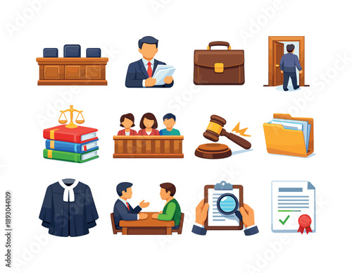 Courtroom Icons Set. Trial in session. Colorful flat vector icons set of trial in session: court bench, attorney with papers, legal briefcase, walking into