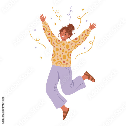 Jumping woman with confetti and joyful expression