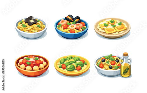 Isometric Pasta Icons. Gourmet pasta. Isometric flat vector icons set of gourmet pasta: truffle pasta bowl, seafood linguine, ravioli in cream sauce, gnocchi