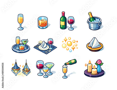 Elegant Drink Icons. Fine dining drinks. Colorful isometric vector icons set of fine dining drinks: champagne flute, crystal glass, wine bottle, ice bucket,