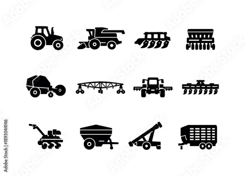Farming Machinery Icons. Farming machinery. Solid icon set of farming machinery: tractor, combine harvester, plow, seed drill, baler, irrigation system, crop