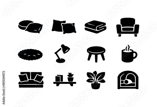 Cozy Corner Icons. Creating a cozy corner with cushions and blankets. Solid icon set of Creating a cozy corner with cushions and blankets: floor cushions,