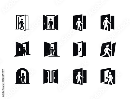 Door Logo Variations. Opening a door. Icon set. Set Logo of opening a door: doorway perspective view. harmonious logo variations of the same emblematic