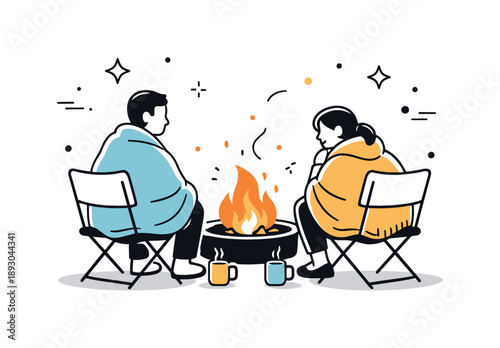 Intimate Fire Pit Gathering. Evening fire pit gathering. A couple sitting on simple chairs near a glowing fire pit, wrapped in blankets and enjoying a peaceful