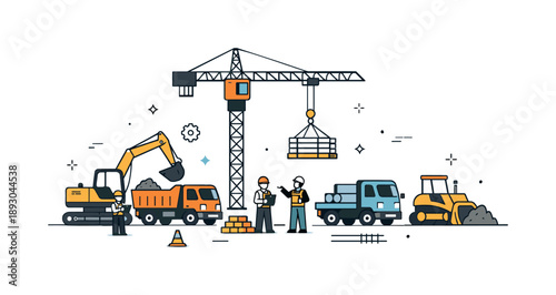Industrial Efficiency Illustration. Construction heavy machinery. A crane lifts materials while trucks and machines operate smoothly, representing coordinated