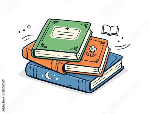 Vintage Book Covers. Old books cover scene. A small stack of closed books with vintage covers slightly overlapping, soft wear marks and subtle design hints.