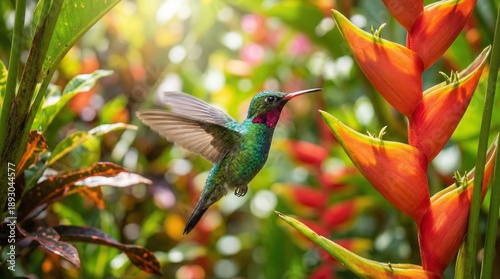 Kleiner Kolibri im Schwebeflug vor einer leuchtenden exotischen Blüte im Garten