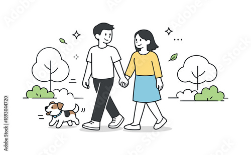 Sunny Park Stroll. Couple walking a dog in park. Characters holding hands with a small dog trotting beside, surrounded by soft trees and bushes. Lighthearted