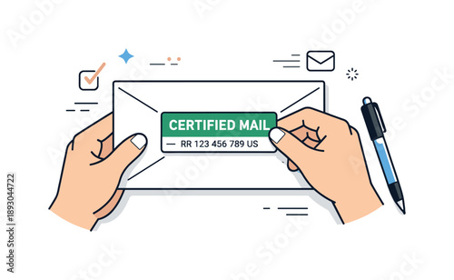 Minimalist Mail Sticker Design. Certified mail sticker design. Attaching a registration label to outgoing mail, focused and careful process. Minimal workspace