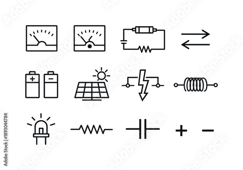 Electrical Symbols Grid. Current and Voltage. Line icon set of Current and Voltage: ampere meter, voltmeter, electric circuit, current flow arrows, battery