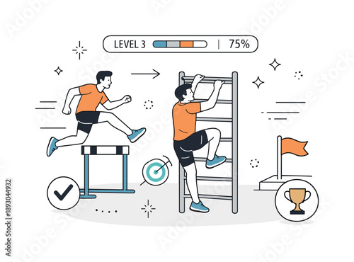 Fitness Challenge Course. Personal fitness challenge course. A single athlete focused on completing obstacles like hurdles and climbing frames. Calm determined