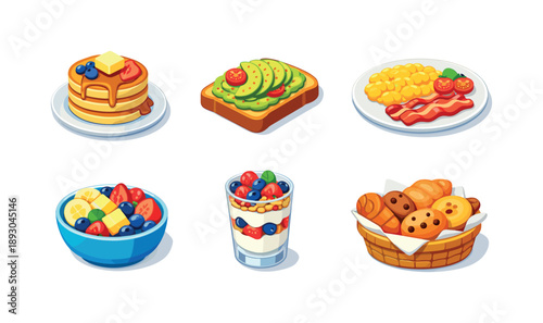 Colorful Brunch Icons. Brunch Food. Isometric flat vector icons set of Brunch Food: pancakes stack, avocado toast, scrambled eggs plate, fruit bowl, yogurt