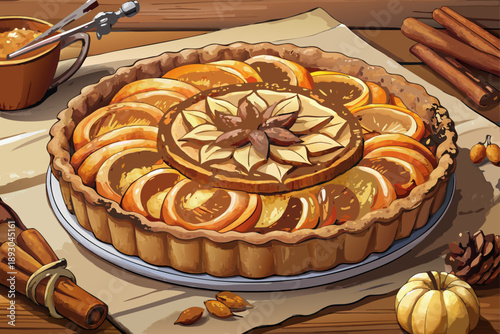 Freshly baked apple tart with golden cinnamon and walnut crust in soft natural style on rustic wooden table seasonal dessert scene holiday cooking