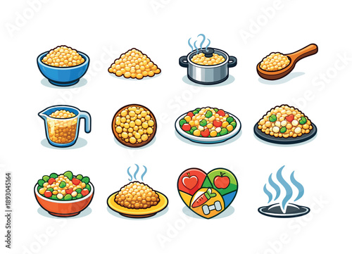 Colorful Quinoa Icon Set. Cooked Quinoa. Colorful isometric vector icons set of Cooked Quinoa: bowl of quinoa, fluffy grains, steaming pot, wooden spoon scoop,