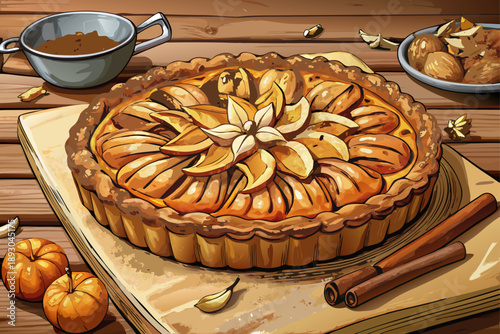 Freshly baked apple tart with golden cinnamon and walnut crust in soft natural style on rustic wooden table seasonal dessert scene holiday cooking