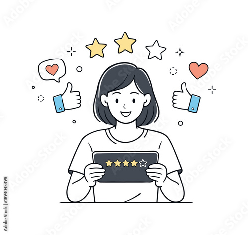 Positive Customer Feedback. Customer feedback. A satisfied customer giving a positive review or rating on a device, subtle abstract stars and thumbs-up icons