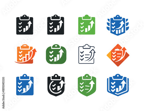 Progress Icon Variations. Tracking progress and self-improvement. Icon set. Set Logo of Tracking progress and self-improvement: checklist with checkmarks.