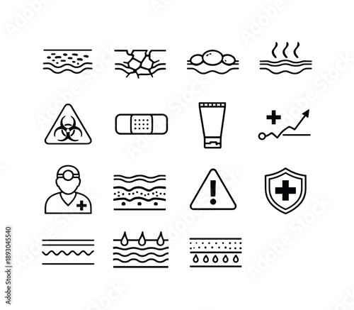 Skin Damage Icons. Skin damage. Line icon set of Skin damage: damaged skin texture, cracked surface, blister outline, inflammation waves, infection warning