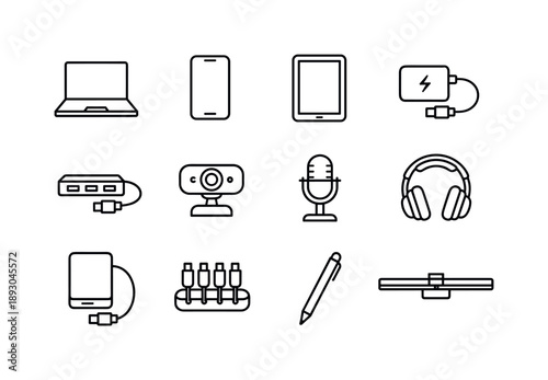 Freelancer Icon Set. Freelancer tools and gadgets. Line icon set of Freelancer tools and gadgets: laptop, smartphone, tablet, portable charger, USB hub,