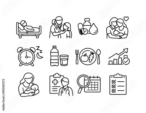 Postpartum Care Icons. Postpartum care. Line icon set of Postpartum care: mother recovery bed, medical checkup, pain relief, breastfeeding guidance, emotional