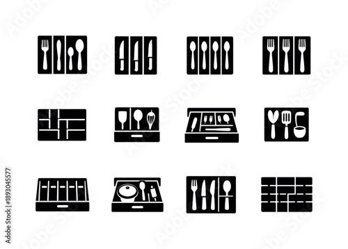 Kitchen Drawer Icons. Kitchen drawer dividers. Solid icon set of Kitchen drawer dividers: cutlery organizer, knife compartment, spoon section, fork row,