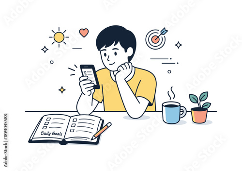 Morning Routine Planning. Morning routine planning. Person checking a planner or phone with a to-do list, sitting at a table. Organization, clarity and daily