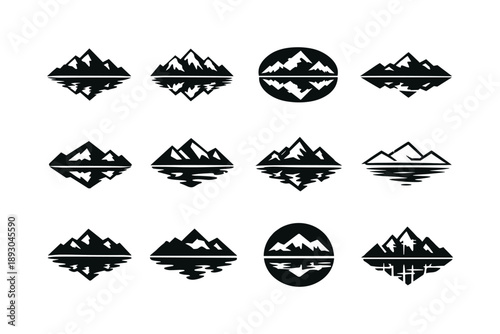 Mountain Lake Icons. Mountain lakes with reflective surfaces. Icon set. Set Logo of Mountain lakes with reflective surfaces: alpine lake reflection. harmonious