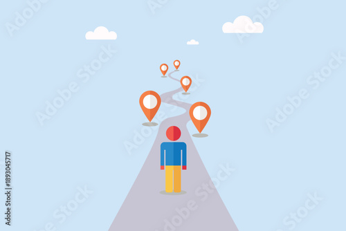 Traveler On A Winding Road Marked With Pin Icons Heading Toward Destination Seeking Guidance And Hope