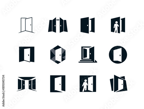 Door Logo Variations. Opening a door. Icon set. Set Logo of opening a door: doorway perspective view. harmonious logo variations of the same emblematic