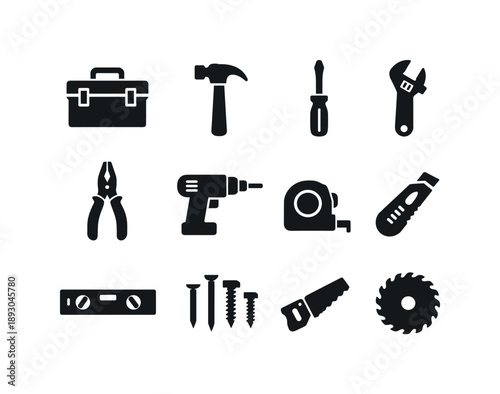 House Repair Tools. House repair tools. Solid icon set of house repair tools: toolbox, hammer, screwdriver, adjustable wrench, pliers, drill machine, tape