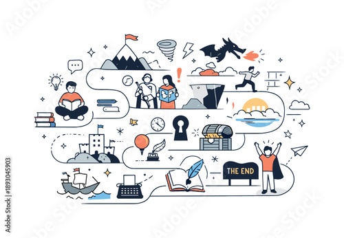 Abstract Story Path. Creative storytelling flow. Abstract path made of scenes, icons, and characters connected by lines, showing narrative progression.