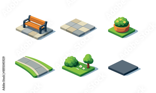 Isometric Public Seating Icons. Public seating. Isometric flat vector icons set of public seating: bench with armrests, surrounding pavement tiles, small