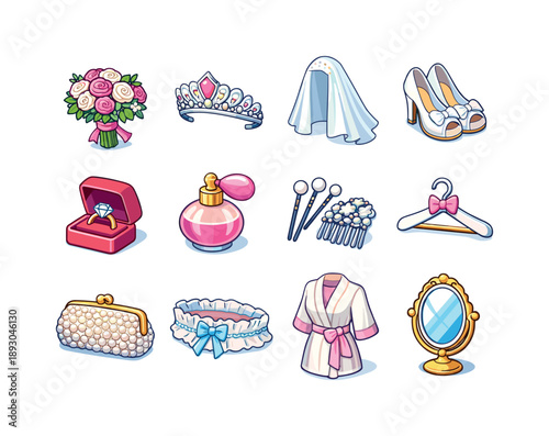 Bridal Essentials Icons. Bridal essentials. Colorful isometric vector icons set of bridal essentials: bridal bouquet, tiara, veil, bridal shoes, jewelry box,