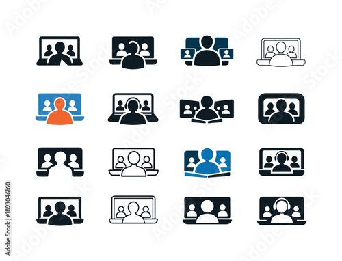 Virtual Meeting Logos. Daily work routine scenes. Icon set. Set Logo of Daily work routine scenes: joining virtual meeting. harmonious logo variations of the