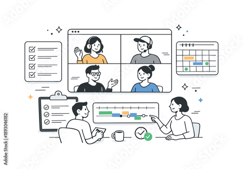 Remote Team Collaboration. Video conference planning. Small remote team discussing tasks and timelines with checklists and calendars on screen, organized