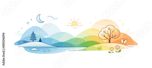 Seasonal Gradient Transition. Minimal gradient season change. A smooth transition from cool winter tones to warm spring colors across abstract landscape