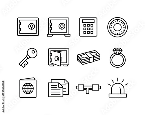 Home Safe Icons. Home safe. Line icon set of Home safe: wall safe, floor safe, keypad lock, round dial lock, emergency key, open door safe, cash bundle,