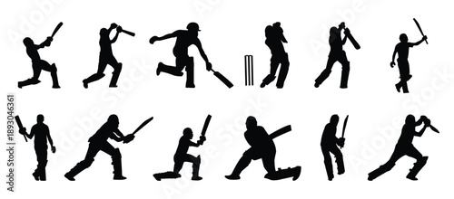 Set of Cricket Player Silhouettes in Various Action Poses
