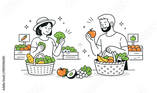 Market Produce Shopping. Fresh produce shopping at the market. People comparing items and smiling, baskets filling with fruits and greens, calm sustainable