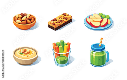 Healthy Snacks Icons. Healthy Snacks. Isometric flat vector icons set of Healthy Snacks: nuts bowl, granola bar, sliced apple plate, hummus dip, veggie sticks