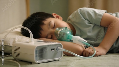 A child sleeps peacefully in bed connected to a portable oxygen concentrator. The scene portrays themes of respiratory health, medical care, and recovery.