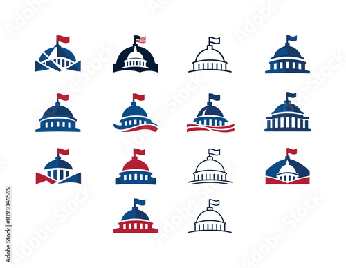 Government Logo Icon Set. Government institutions. Icon set. Set Logo of Government institutions: flag integrated with building. harmonious logo variations of