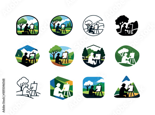 Artist Landscape Logos. Artist painting a landscape in the park. Icon set. Set Logo of artist painting a landscape in the park: creative moment framed in