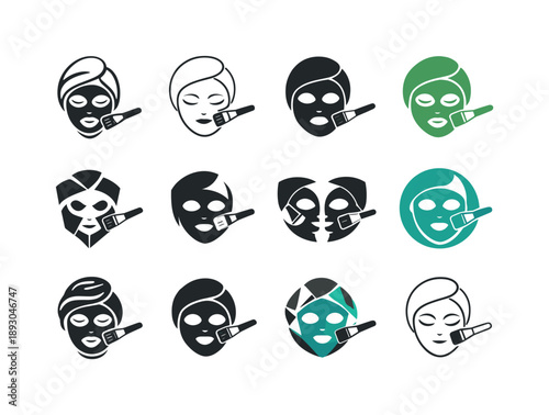 Facial Mask Icons. Facial mask. Icon set. Set Logo of facial mask: mask applied with brush tool. harmonious logo variations of the same emblematic concept,