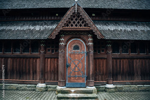 фотографія Historic Norwegian Stave Church with Intricate Wood Carvings, Traditional Mediev