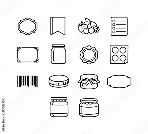 Jam Label Icons. Jam labels and packaging. Line icon set of jam labels and packaging: label shape, ribbon tag, fruit emblem, ingredients list, decorative