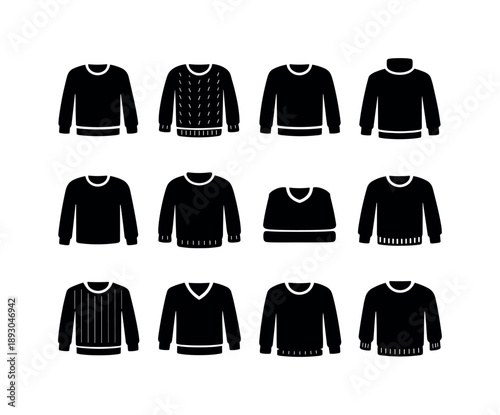 Pullover Sweater Icons. Pullover sweater. Solid icon set of pullover sweater: classic pullover, knitted jumper, crew neck top, long sleeve knit, warm sweater