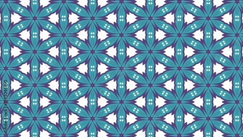 A blue and white floral pattern with a blue flower in the center